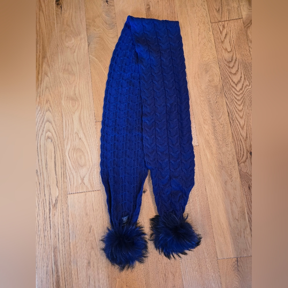 Saks Fifth Avenue Cable Knit Scarf With Real Fur Trim Blue Cobalt Cozy Winter